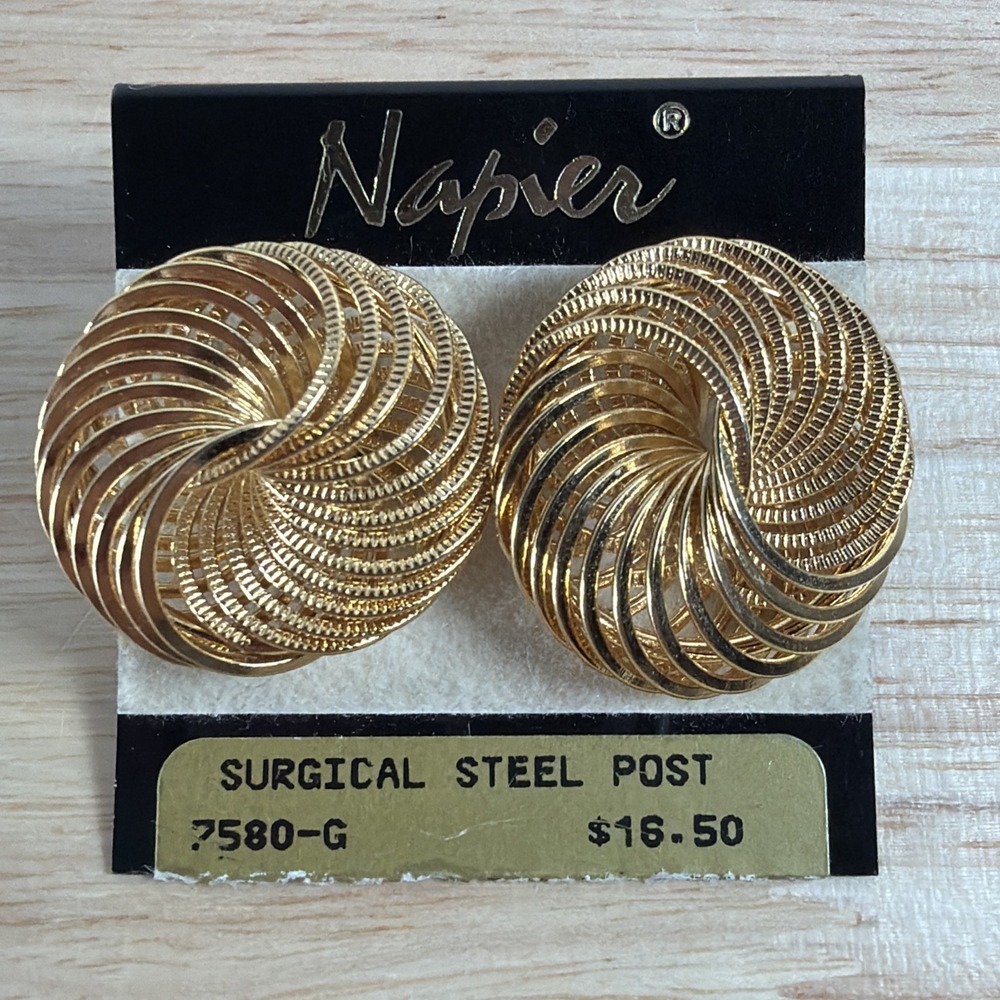 Napier Surgical Steel Textured Button Swirl Twist Earrings Vintage Stock